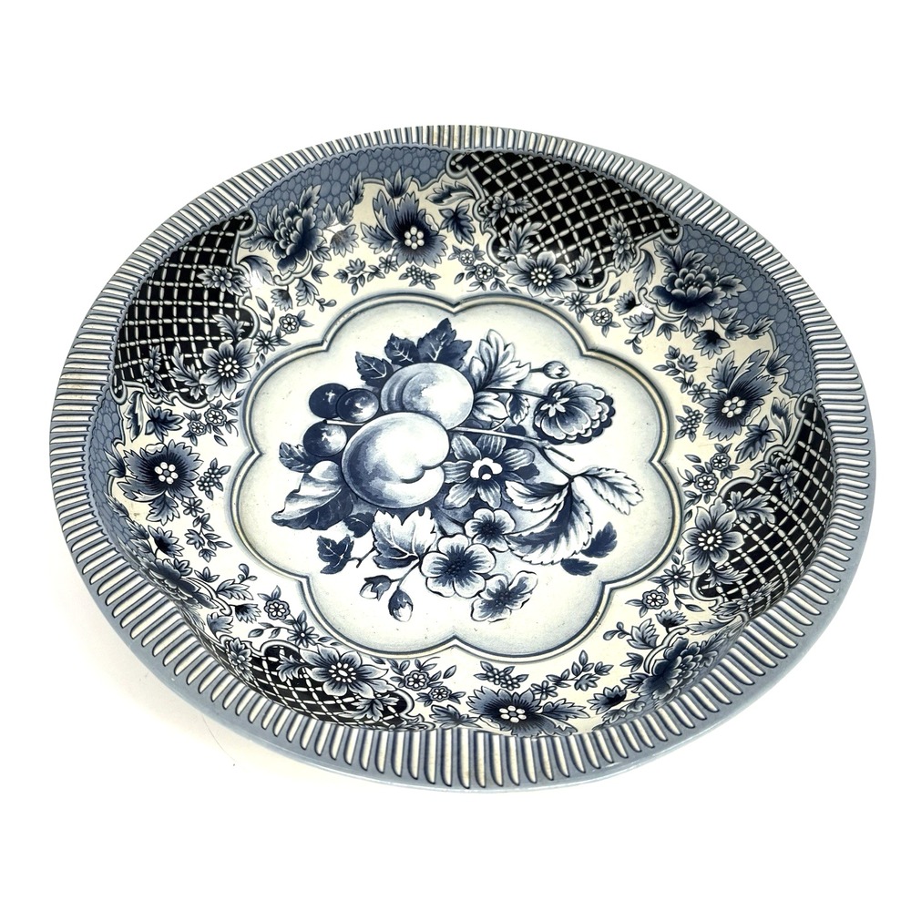 Daher Decorated Ware Vintage Tin Bowl Blue & White Floral Made in England 10.25"